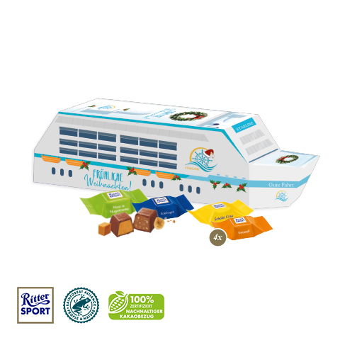 3D Präsent "Schiff" mit Ritter SPORT Schokowürfel