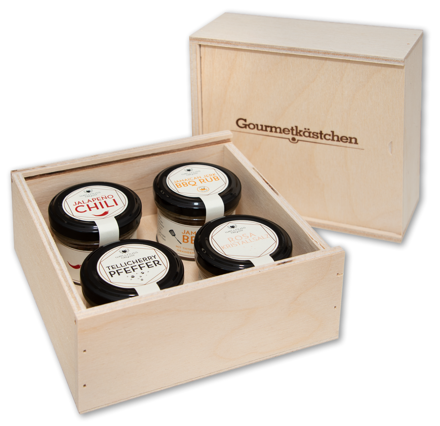 Gourmetkästchen aus Birkenholz mit 4 Gourmet Gewürzen