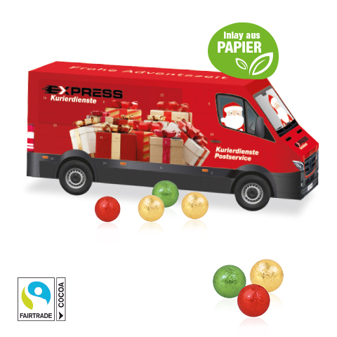 3D Adventskalender "Transporter" mit Fairtrade Schokolade mit Papier-Inlay