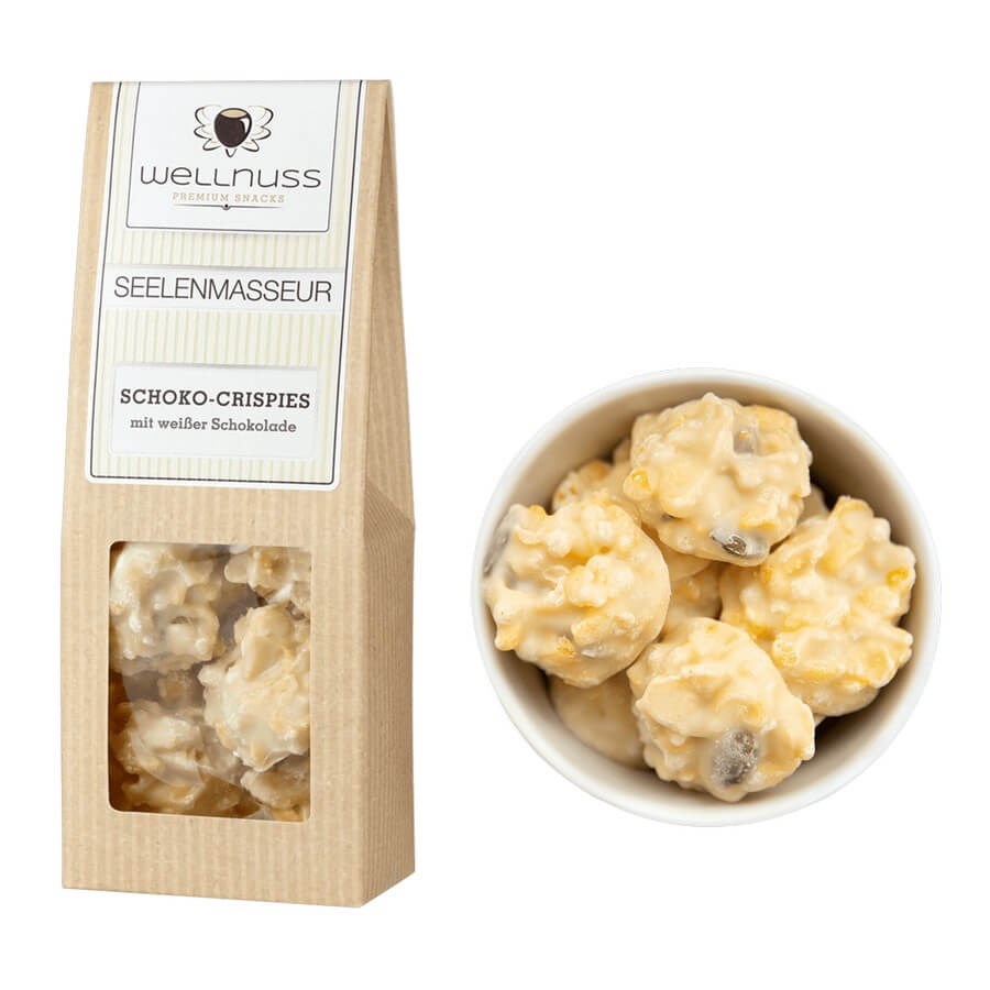 Weiße Schokocrispies in der Faltschachtel