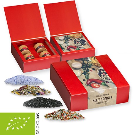 verschiedene Gewürzmischungen Bio und nicht Bio (Kategorie 1), ca. 180-440g, Geschenk-Set Premium mit 4 Biologisch abbaubaren Eco Pappdosen Mini