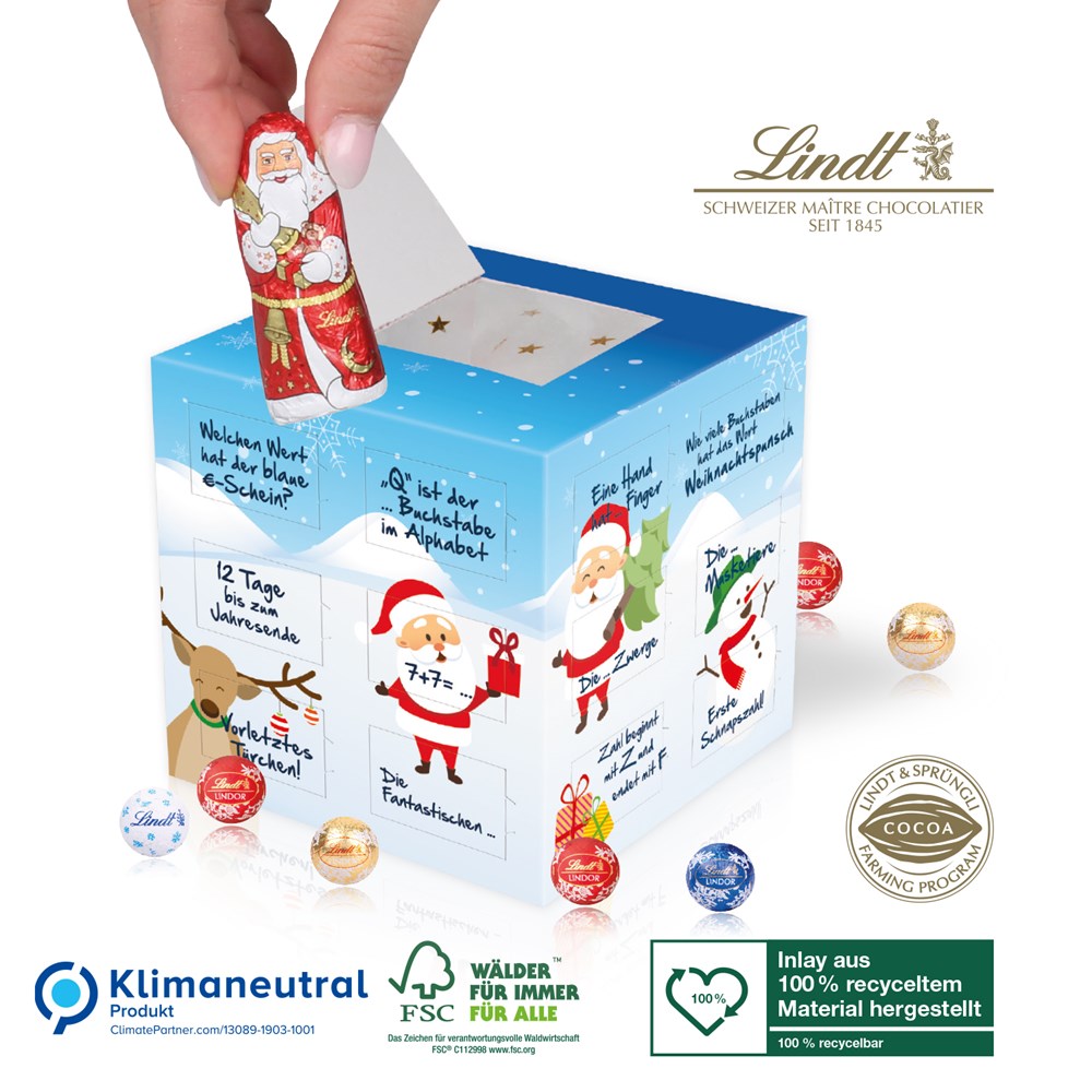 Adventskalender „Cube“ Organic mit Lindt Weihnachtsmann, Klimaneutral, FSC®