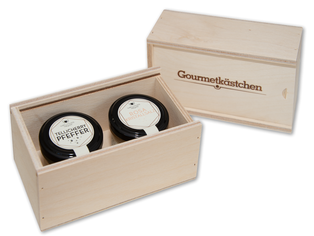 Gourmetkästchen aus Birkenholz mit 2 Gourmet Gewürzen