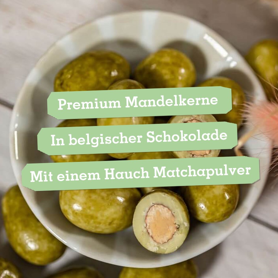 Mandeln in weißer Schokolade und grünem Matchatee im Osterdesign