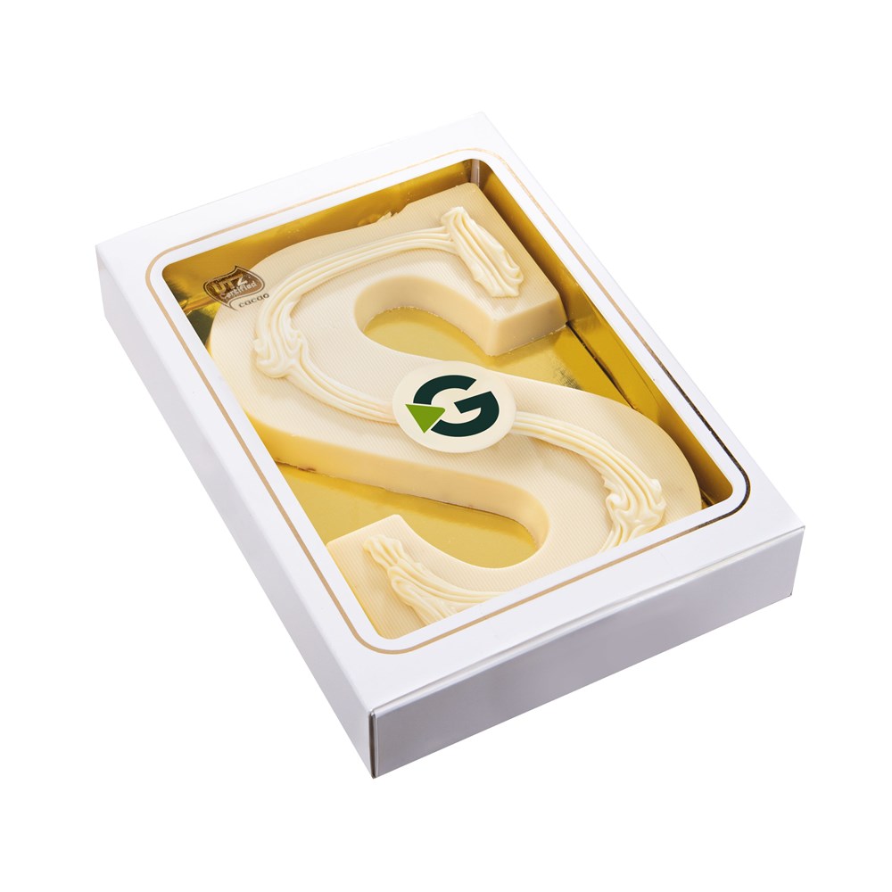 Sinterklaas letter "S" white with logo plate