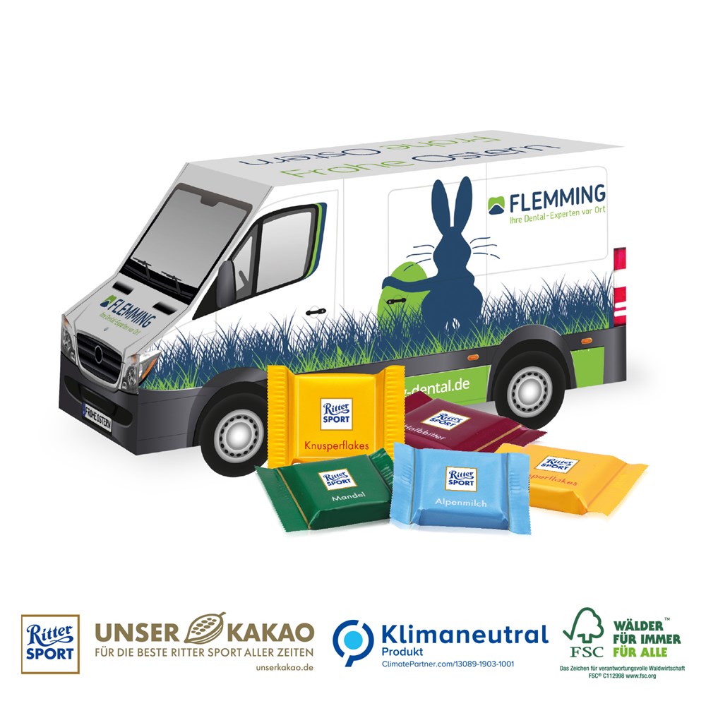 3D Präsent Transporter mit Ritter SPORT Schokotäfelchen, Klimaneutral, FSC®