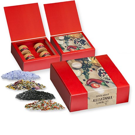 verschiedene Gewürzmischungen (Kategorie 3), ca. 64-440g, Geschenk-Set Premium mit 4 Biologisch abbaubaren Eco Pappdosen Mini