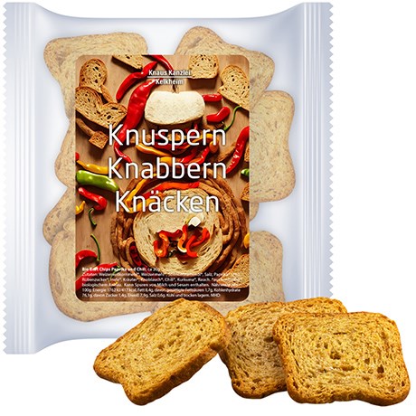 Brot Chips Paprika und Chili, ca. 20g, Express Maxi-XL-Tüte mit Etikett Brot Chips Paprika und Chili, ca. 20g, Express Maxi-XL-Tüte mit Etikett