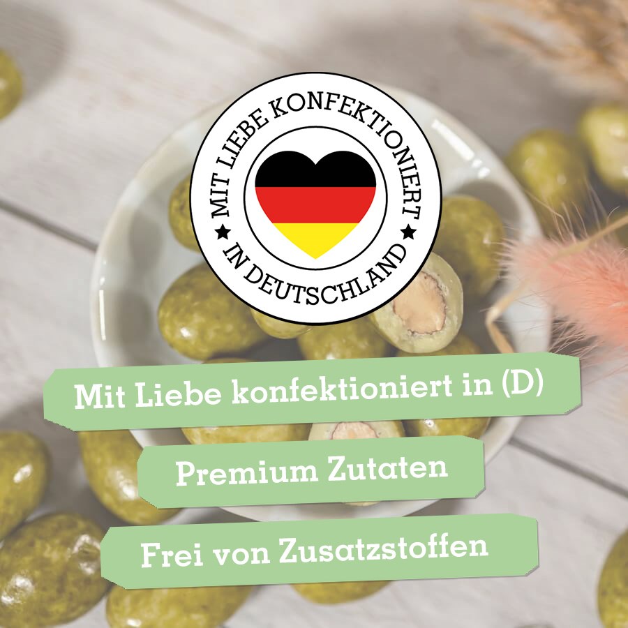 Mandeln in weißer Schokolade und grünem Matchatee im Osterdesign