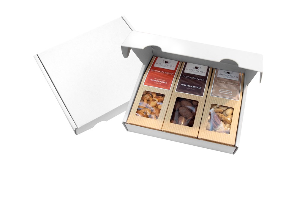 Geschenkkarton mit 3 Premium Snacks (versandfähig)