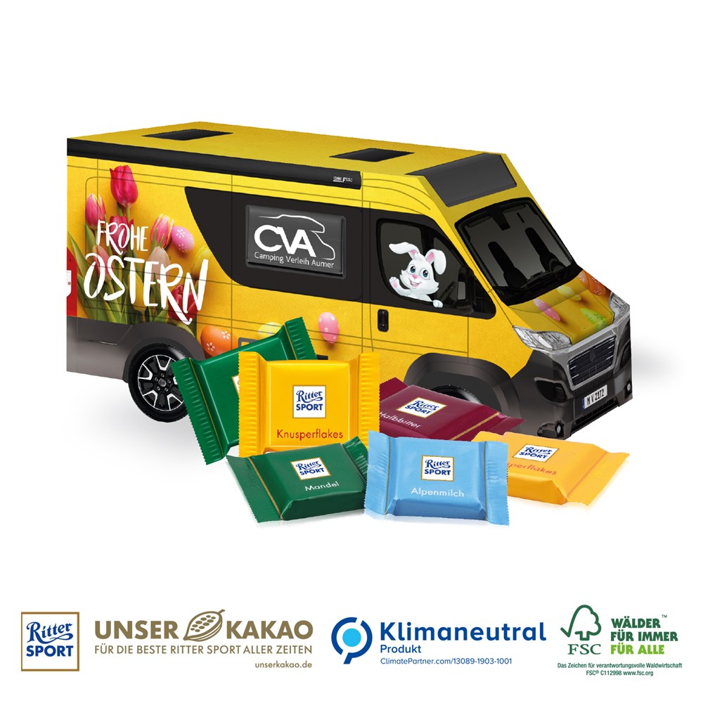 3D Präsent Camper mit Ritter SPORT Schokotäfelchen, Klimaneutral, FSC