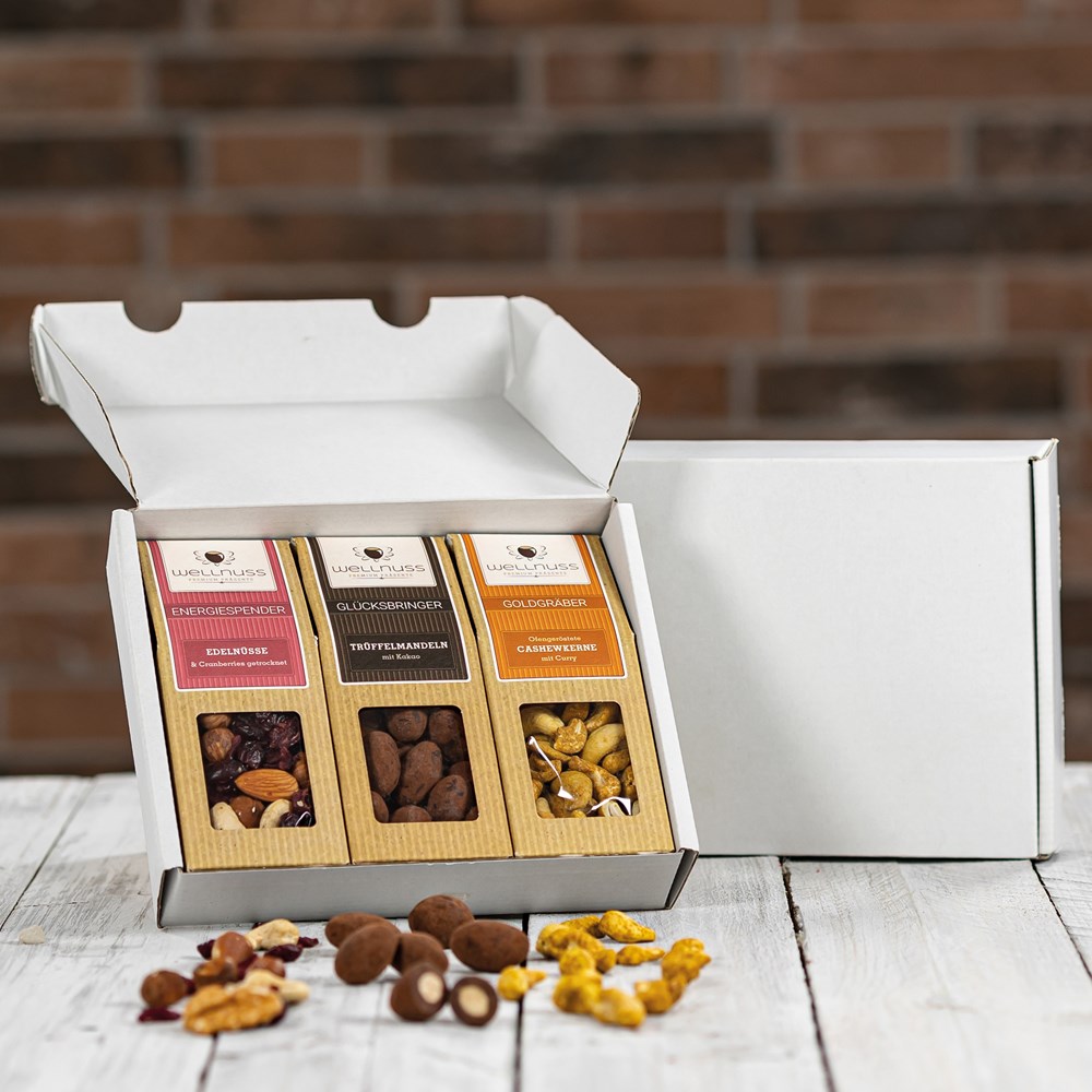 Geschenkkarton mit 3 Premium Snacks (versandfähig)